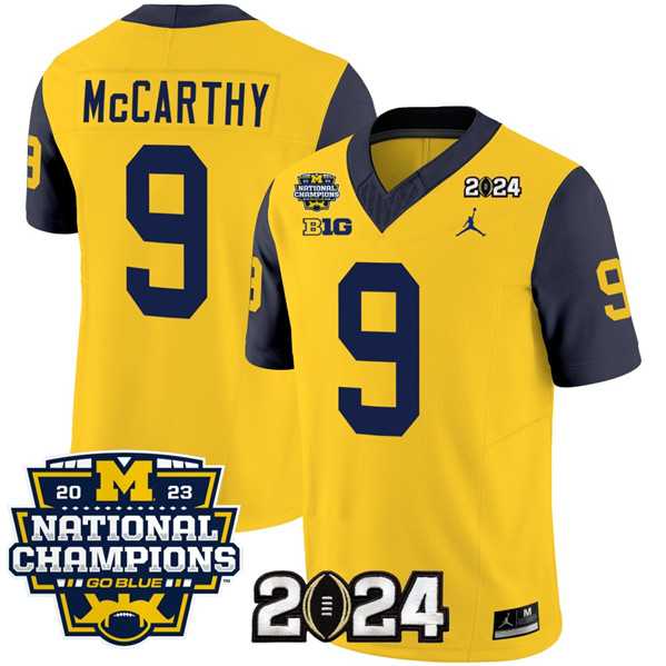 Mens Michigan Wolverines #9 J.J. McCarthy Yellow Navy 2024 F.U.S.E. With 2023 National Champions Patch Stitched Jersey
